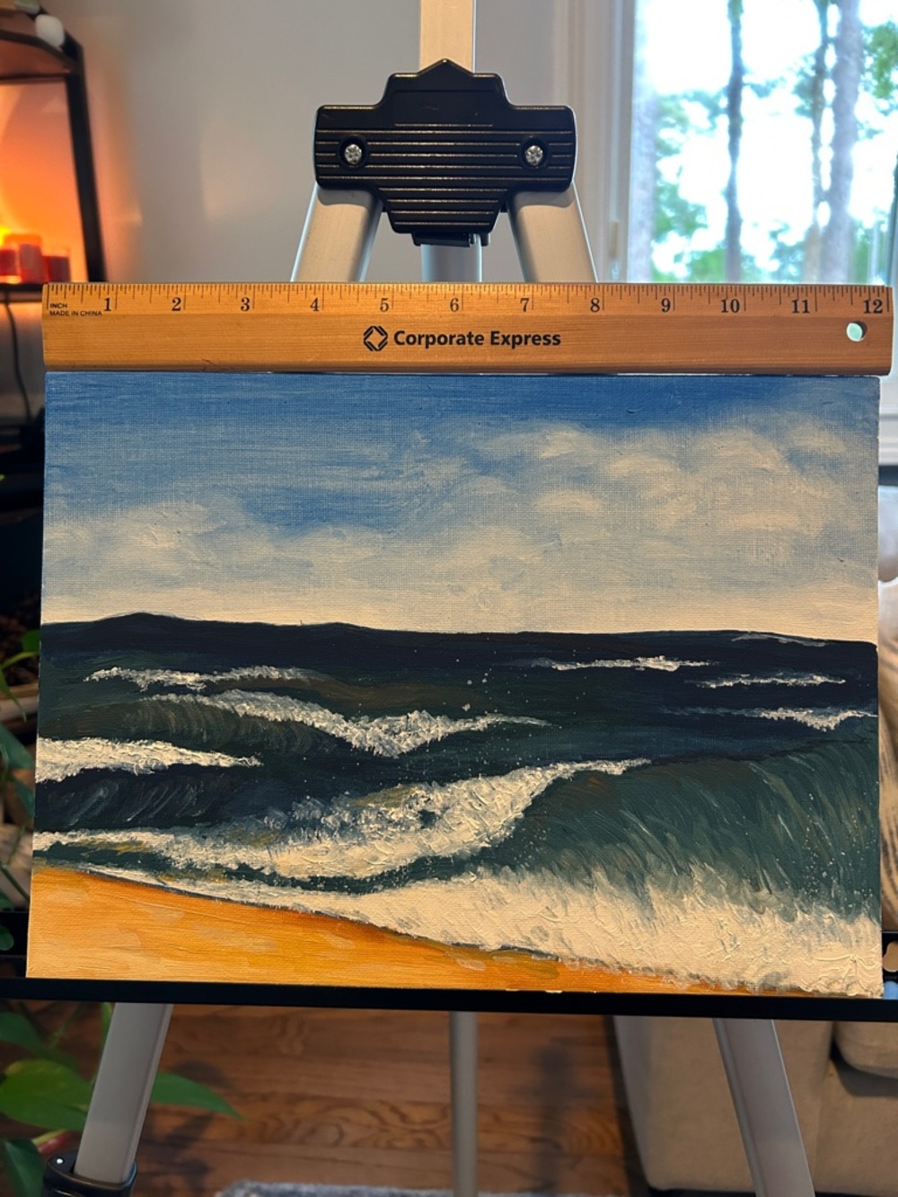 Coastal Waves Original Oil Painting in Blue and Sand Tones $25